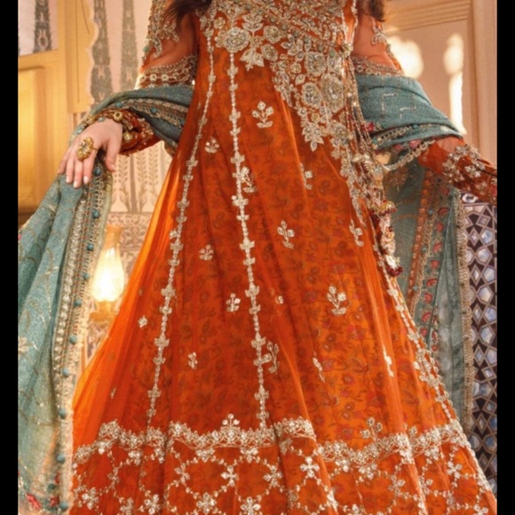 Orange and Green Embellished Tiered Maxi Dress Pakistani long maxi -  mordernwear.com